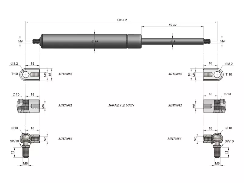 UNIVERSAL BOOT- CARGO / AREA GAS SPRING 250MM - 600N