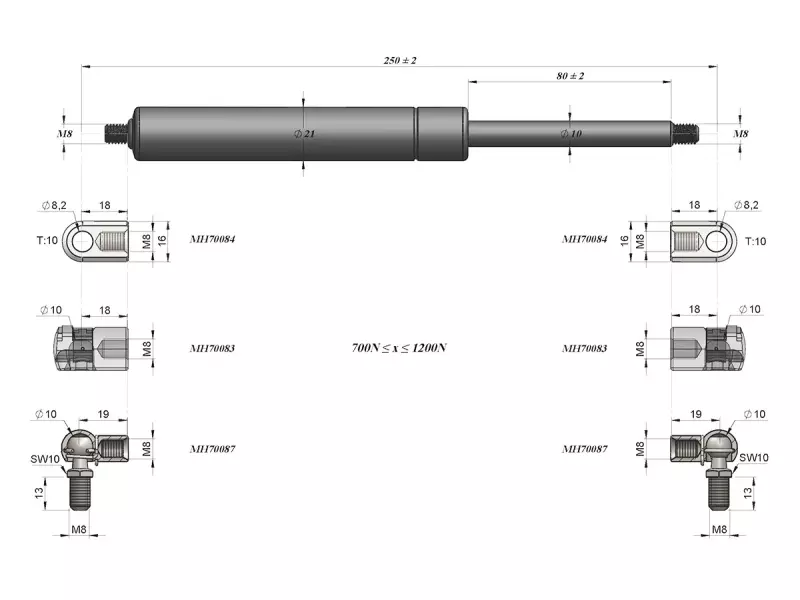 UNIVERSAL BOOT- CARGO / AREA GAS SPRING 250MM - 700N