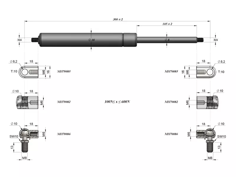 UNIVERSAL BOOT- CARGO / AREA GAS SPRING 300MM - 100N