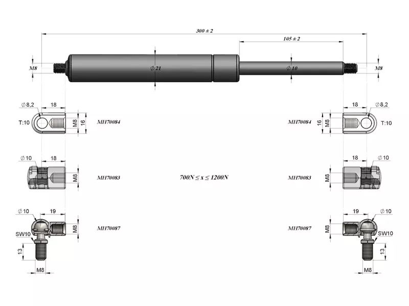 UNIVERSAL BOOT- CARGO / AREA GAS SPRING 300MM - 1100N