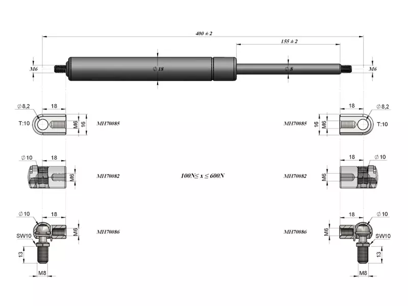 UNIVERSAL BOOT- CARGO / AREA GAS SPRING 400MM - 500N