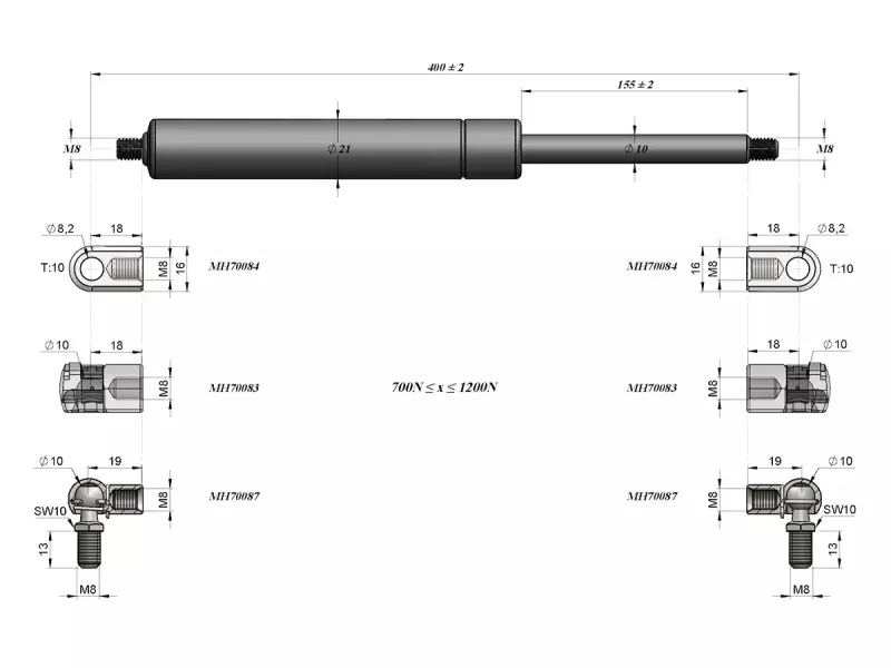 UNIVERSAL BOOT- CARGO / AREA GAS SPRING 400MM - 1200N