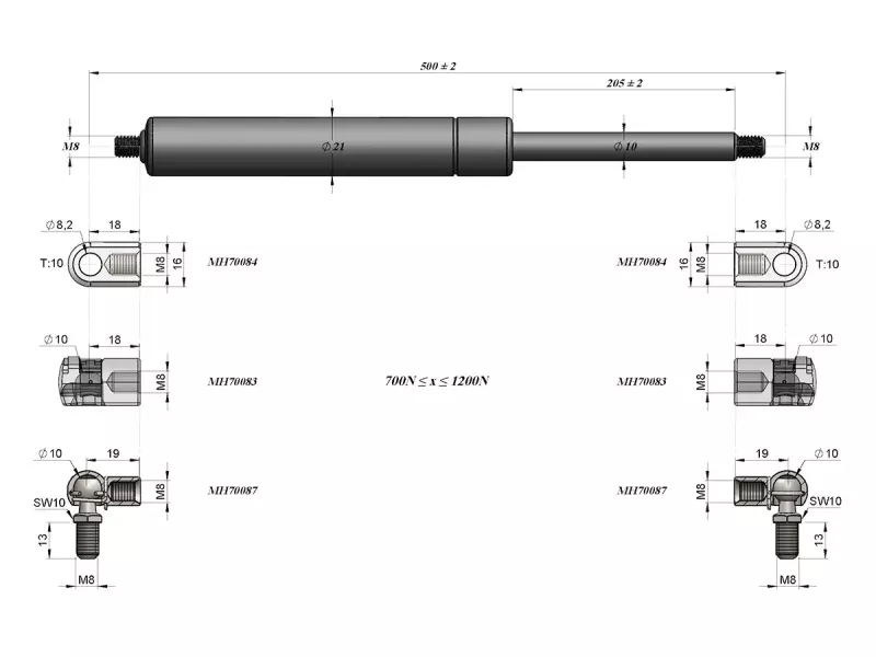 UNIVERSAL BOOT- CARGO / AREA GAS SPRING 500MM - 1000N