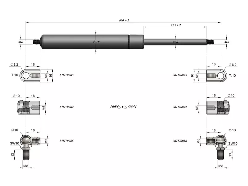 UNIVERSAL BOOT- CARGO / AREA GAS SPRING 600MM - 400N